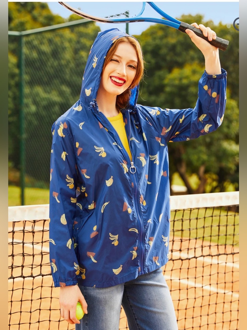 Modcloth Royal Blue Mind At Breeze Windbreaker Nylon Rain Jacket Fruit M